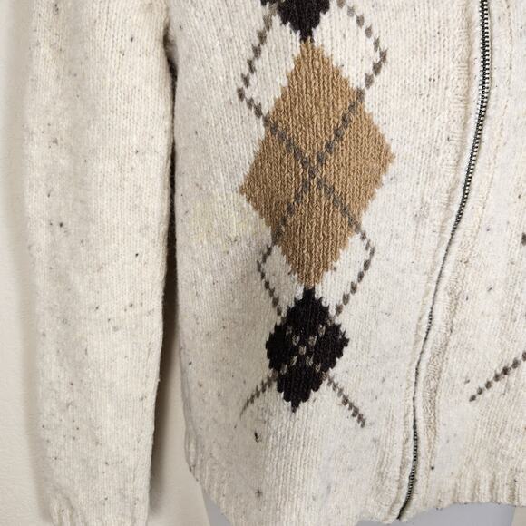 VTG Eddie Bauer Wool Sweater Women Full Zip Up Argyle Knit Beige Y2K Cabin Ski M - Picture 8 of 16